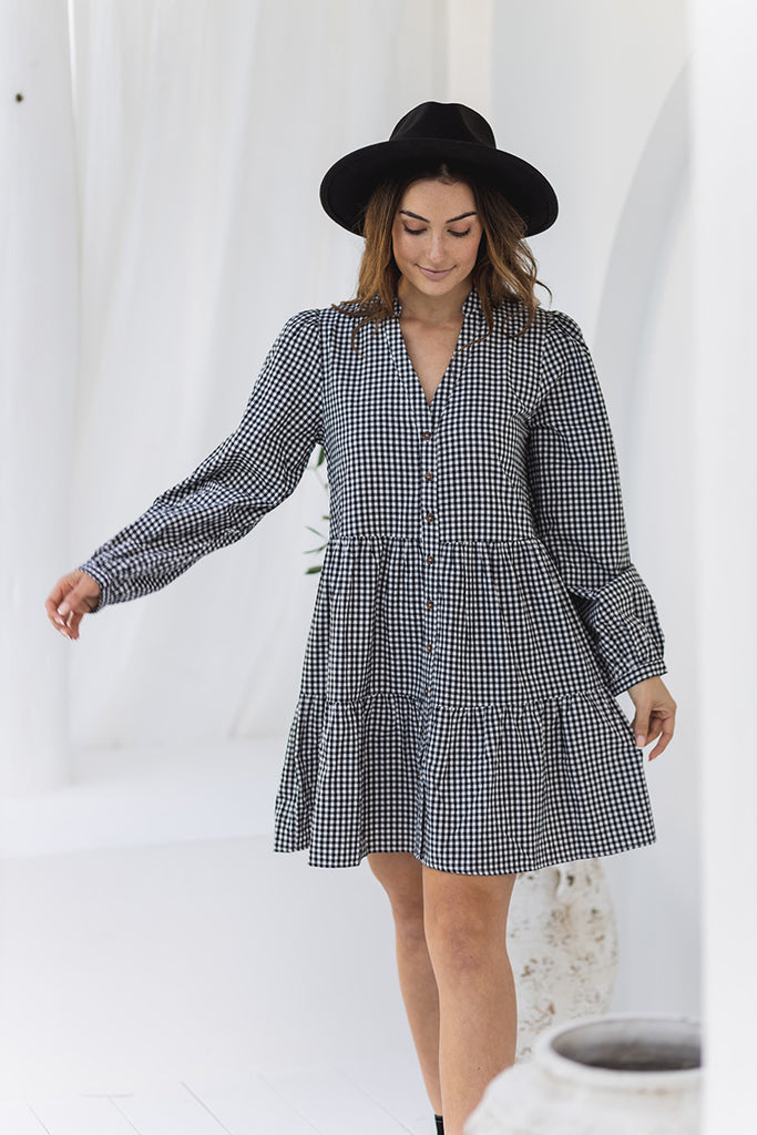 Mia Black and White Gingham Dress Long Sleeves Mini Dress | LOVLEA Boutique