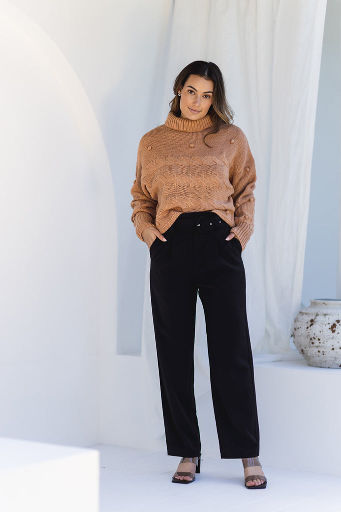 Black High-waisted pants with belt | LOVLEA Boutique Australia