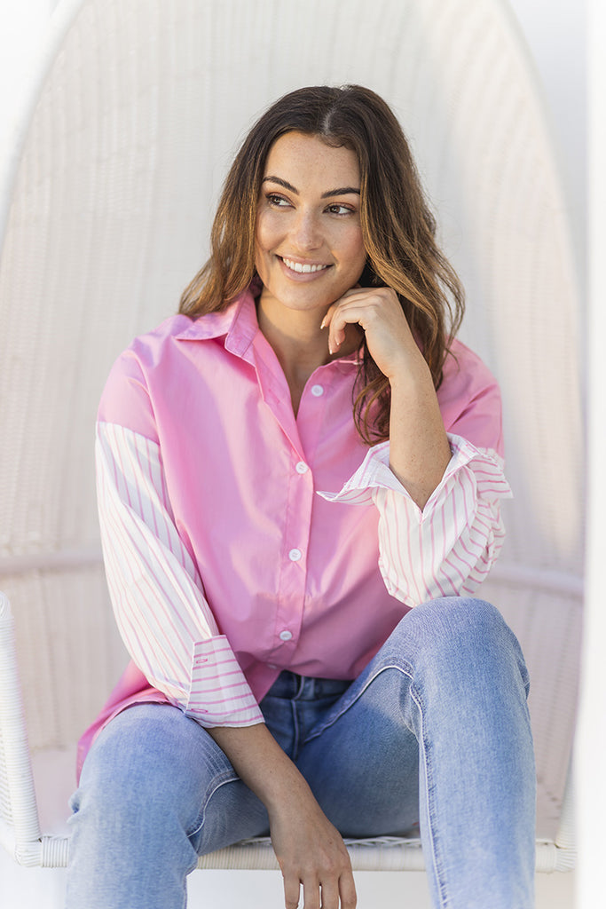 Pink button up shirt with striped sleeves | LOVLEA Boutique Australia