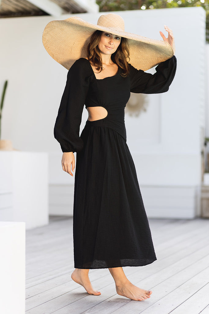 Long sleeved black maxi dress with asymmetric neckline and cut out | LOVLEA Boutique Australia
