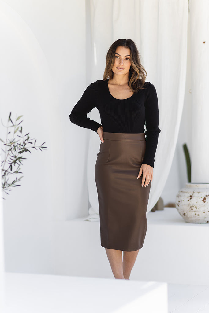 High waisted midi length leather look skirt in brown | LOVLEA Australia