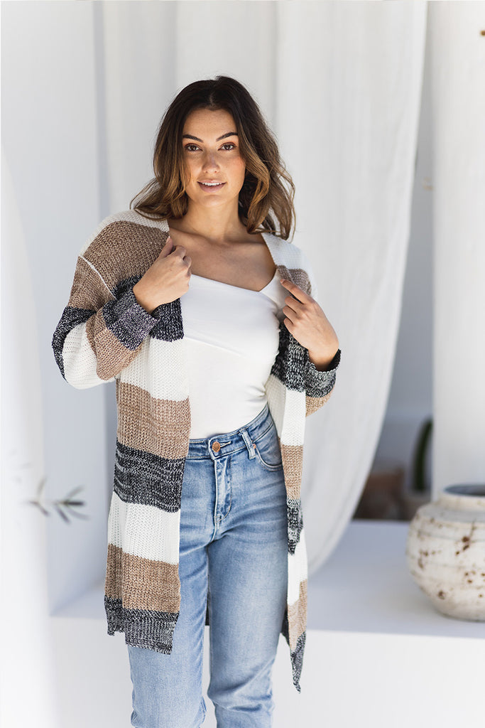 Long cardigan with brown, white and grey stripes | LOVLEA Boutique