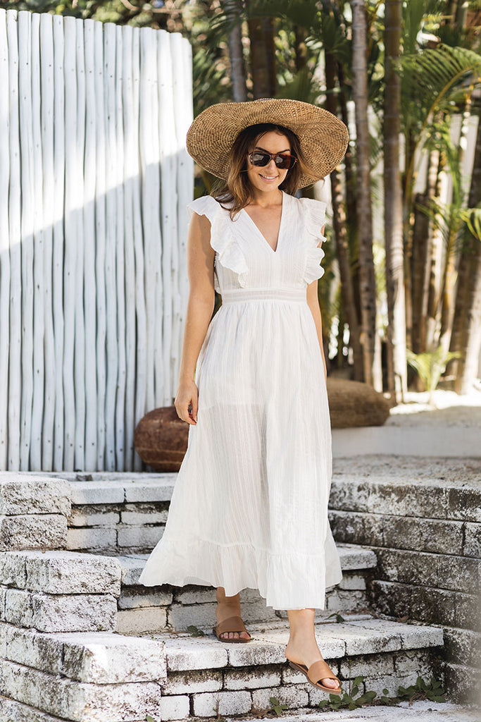 White Maxi Dress with ruffled sleeves and v neck | LOVLEA Boutique Australia