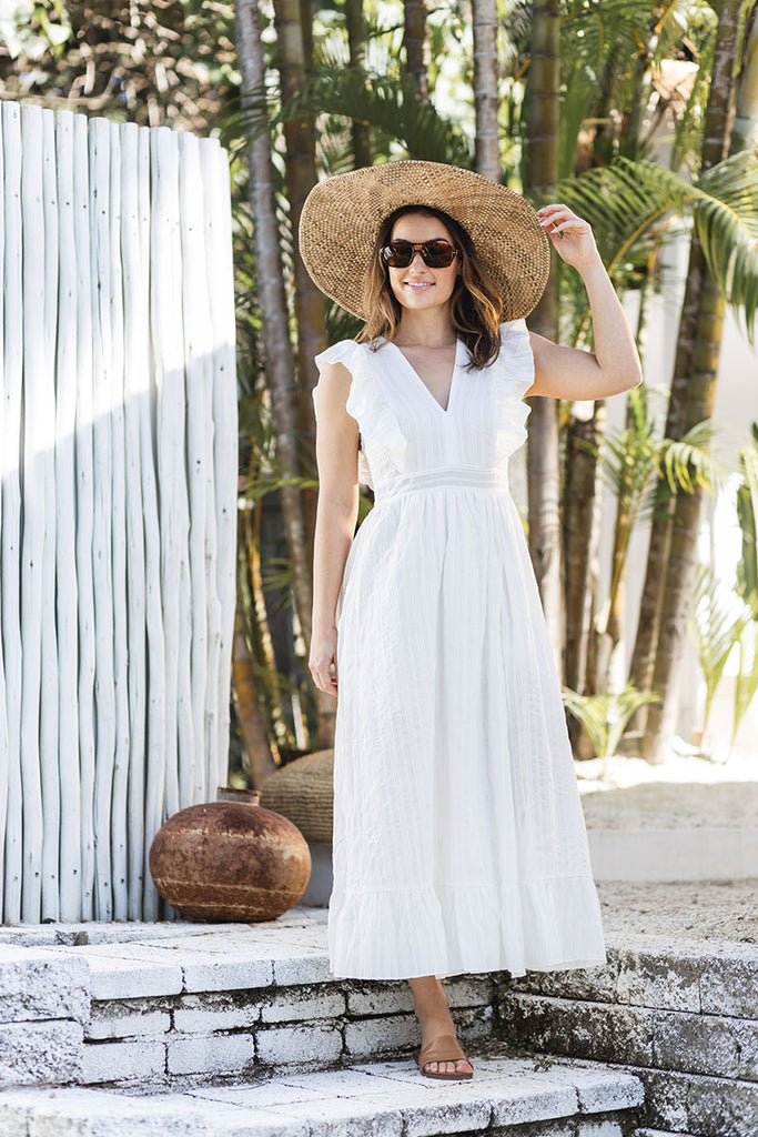 White Maxi Dress with ruffled sleeves and v neck | LOVLEA Boutique Australia